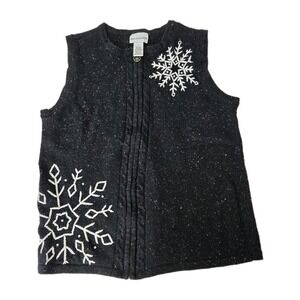 Breckenridge Wool Blend Vest Women's Size Medium Black Speckled White Snowflakes